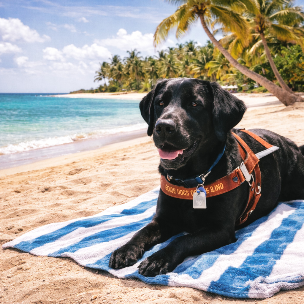 Fauna, a black Labrador guide dog in her leather harness, rests on a striped beach towel along a sunny Caribbean shoreline with turquoise water and palm trees in the background.