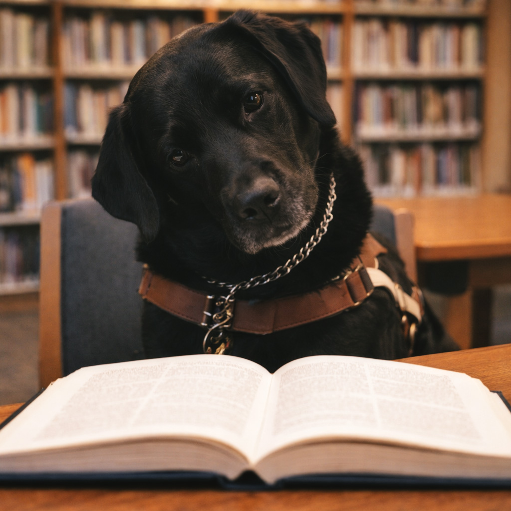Fauna, a black Labrador guide dog wearing a brown leather Guide Dogs for the Blind harness, sits at a wooden table in a quiet library with an open book in front of her, tilting her head as if thoughtfully reading while shelves of books blur softly in the background.